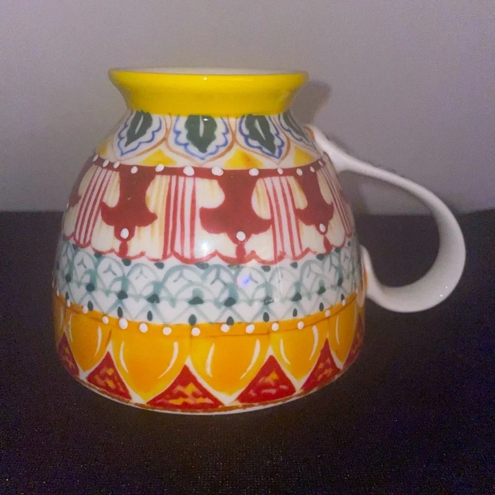 Bohemian 12 oz Coffee Tea Cup Footed BOHO Yellow Green White Blue NWOT MINT